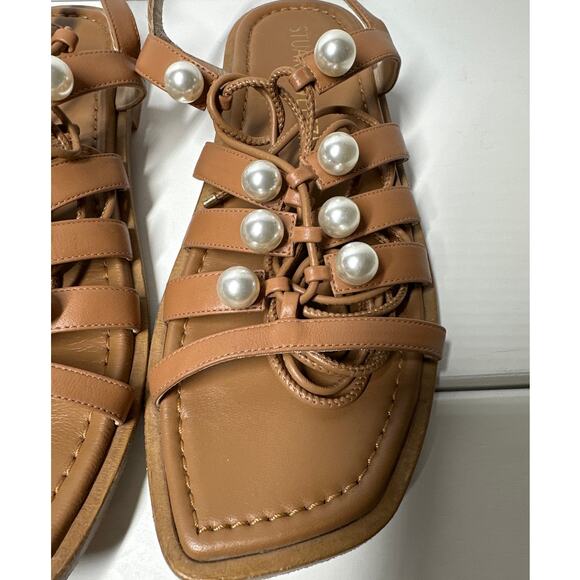 Stuart Weitzman Goldie Lace Up Pearly Leather Ankle-Tie Flat Sandals Tan Size 8 - Picture 7 of 12